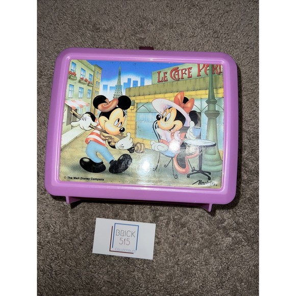 PINK 90’s Mickey and Minnie Mouse Paris plastic Aladdin lunchbox Good Condition - Picture 1 of 5